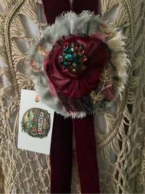 Handmade Floral Velvet Jabot in Burgundy and Teal Necklace Brooch Choker